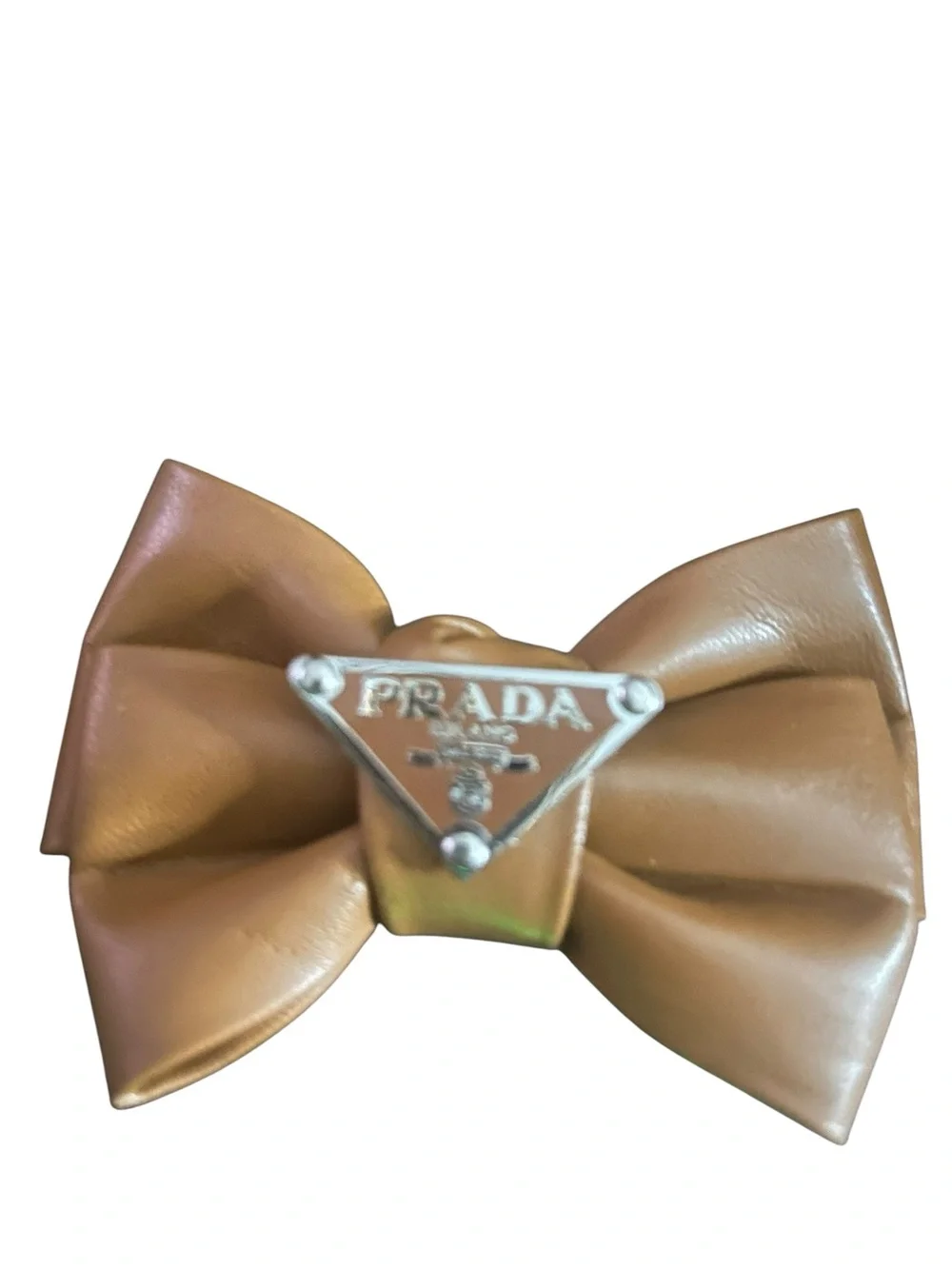 Tan Leather Bow Hair Clip with Logo Plaque
